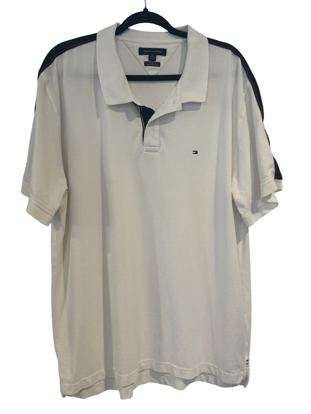 Tommy Hilfiger White Pique Polo red blue stripe shoulder & sleeve Men's XXL